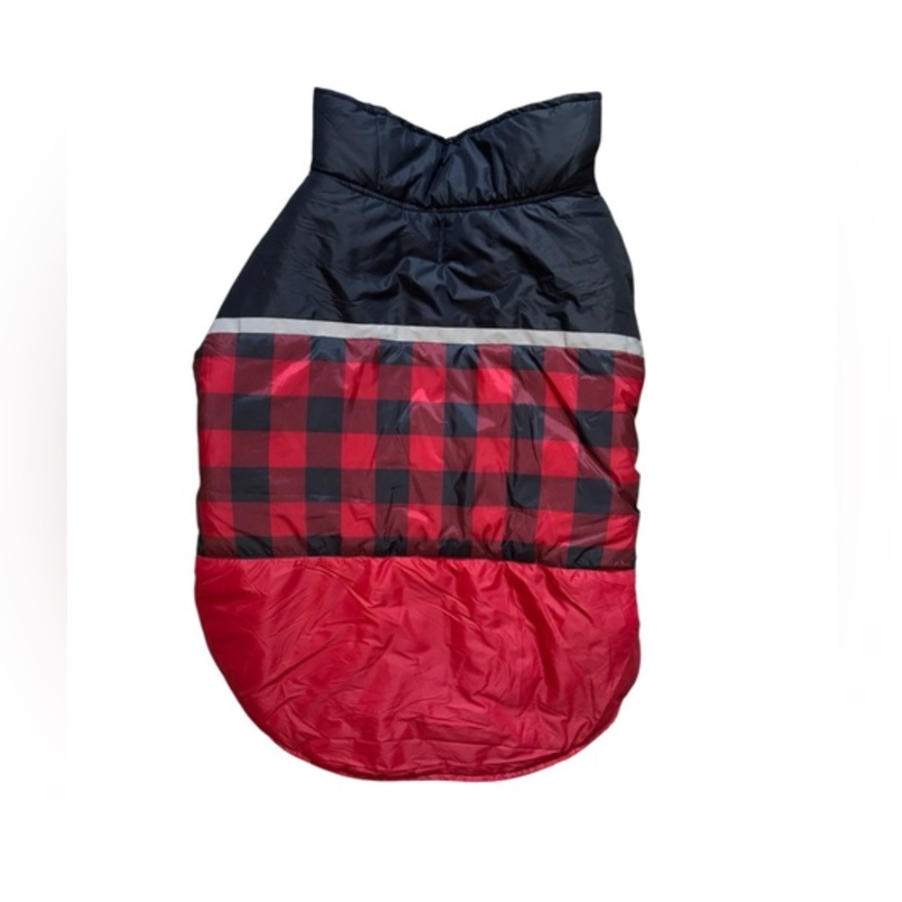 32 Degrees red and black plaid dog puffer vest coat.